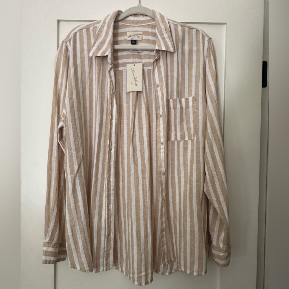Striped Tan and White Linen Button-Up Shirt